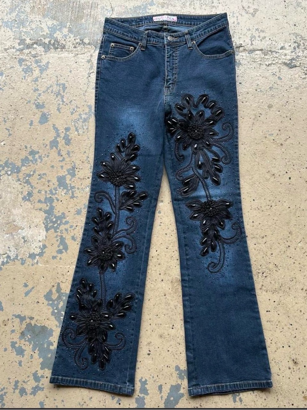 Dark Blue Boot-Cut Jeans with Black Floral Appliqué